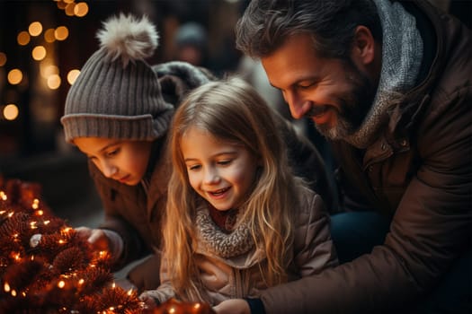 dad with children at the Christmas market. concept of family and holidays
