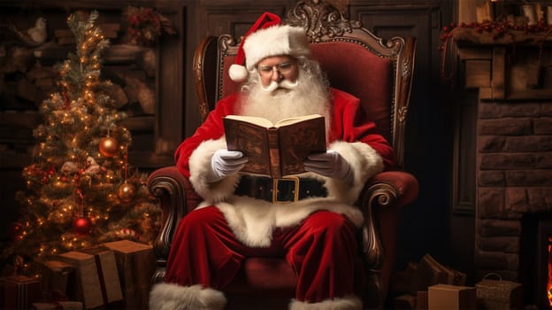 Santa Claus with a book sits in a chair in a room with a fireplace, decorated for Christmas. Christmas and New Year concept.Generative AI