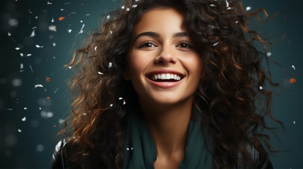 cute charming brunette with beautiful hairstyle on Christmas background.
