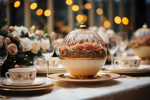 large elements for decorating and serving a festive table in white and gold tones and round vases with flowers on a blurred background.Generative AI