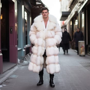 Street style clothing - fashionable man in a white elegant fur coat fashion on the street. for Fashion Concept, Animal Welfare and Faux Fur, Content Blogger.Generative AI