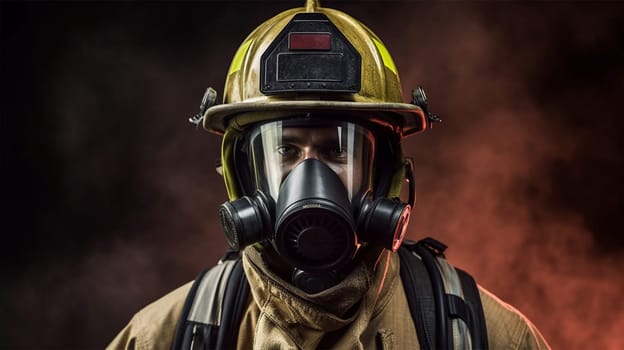 close-up of a rescue worker or firefighter wearing a mask, helmet and protective suit. Generative AI