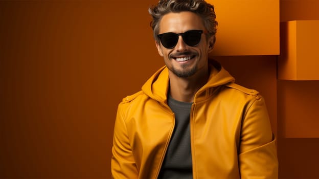 portrait of a stylish male model wearing sunglasses and yellow clothes in the studio. poster, advertisement. copy space.Generative AI
