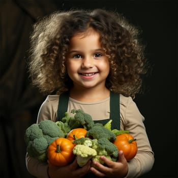 Curly girl holding fresh vegetables. Healthy eating, vegan lifestyle. Proper nutrition for children.Generative AI