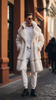 Street style clothing - fashionable man in a white elegant fur coat fashion on the street. for Fashion Concept, Animal Welfare and Faux Fur, Content Blogger.Generative AI