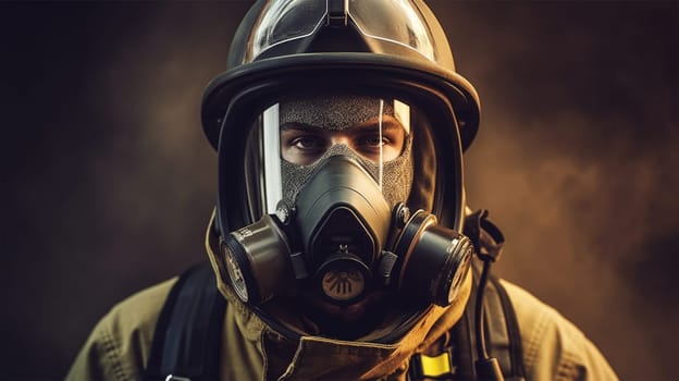 close-up of a rescue worker or firefighter wearing a mask, helmet and protective suit. Generative AI