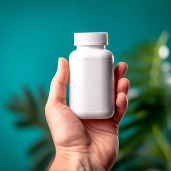 White plastic jar for medicine or pills in a man's hand on a blue-green background with green leaves. There is space for an inscription or your logo.Generative AI