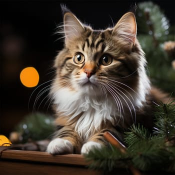 close-up of the cat's face under the Christmas tree for the New Year. Cat on a Christmas background.Generative AI