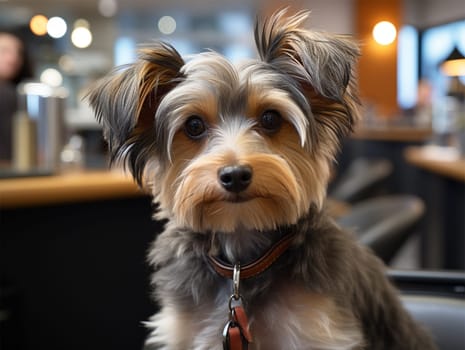 cute dog client in a pet salon. A dog undergoes a haircut procedure from a professional groomer in a grooming salon.Generative AI