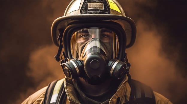 close-up of a rescue worker or firefighter wearing a mask, helmet and protective suit. Generative AI