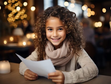 cute curly baby with a paper with text in her hands at the table before a performance. on a Christmas background.