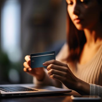 close-up of a woman's hands shopping online using a credit card and laptop. Online shopping, e-commerce, internet banking. Black Friday.Generative AI