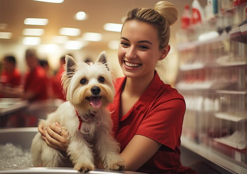 cheerful master groomer in a red uniform with her client, a dog. A dog undergoes a haircut procedure from a professional groomer in a grooming salon.Generative AI