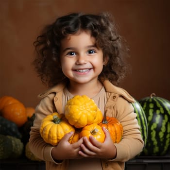 Curly girl holding fresh vegetables. Healthy eating, vegan lifestyle. Proper nutrition for children.Generative AI