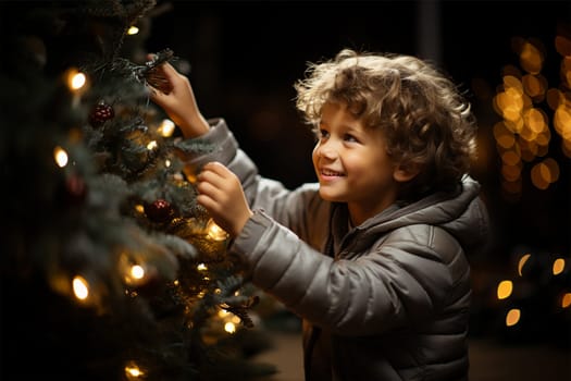 Portrait of a happy boy collecting decorations for the Christmas tree in the courtyard of the house, banner. Christmas and New Year concept.Generative AI