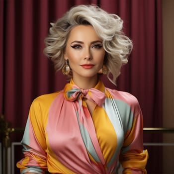 Fashion portrait of a beautiful sexy confident woman about 50-60 years old with gray hair in bright clothes.Generative AI