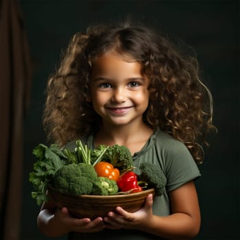 Curly girl holding fresh vegetables. Healthy eating, vegan lifestyle. Proper nutrition for children.Generative AI