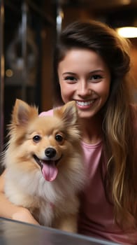 cheerful master groomer in a pink uniform with a dog client in the salon. A dog undergoes a haircut procedure from a professional groomer in a grooming salon.Generative AI