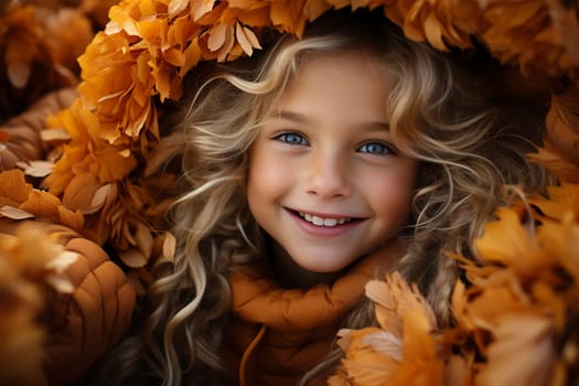 portrait of a cheerful cute girl in a yellow jacket laughs against the background of autumn leaves.autumn background. Generative AI