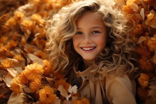 portrait of a cheerful little blonde girl in a light jacket laughing against the background of autumn leaves.autumn background. Generative AI