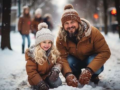 portrait of a father and daughter in a winter snowy park. Little child and dad on a snowy winter walk in nature. The concept of the first long-awaited winter snowfall. copy space.Generative AI