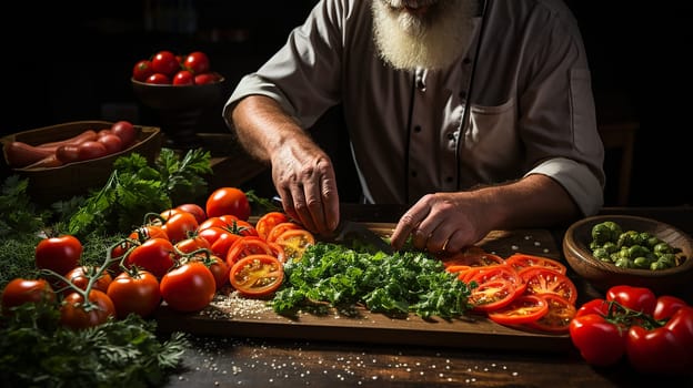 Cropped shot of a male chef cutting vegetables in his farm kitchen. vegetarianism concept.Generative AI