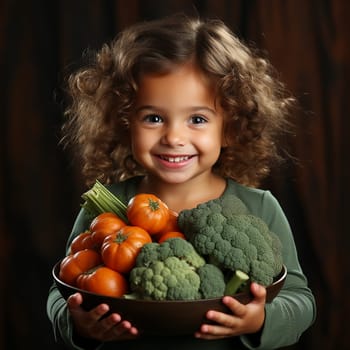 Curly girl holding fresh vegetables. Healthy eating, vegan lifestyle. Proper nutrition for children.Generative AI