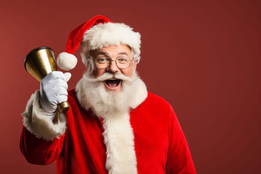 Happy Santa Claus waving a Christmas bell on a color background.copy space.Generative AI