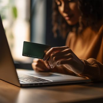 close-up of an African American woman's hands shopping online using a credit card and laptop. Online shopping, e-commerce, internet banking, spending money. Black Friday.Generative AI