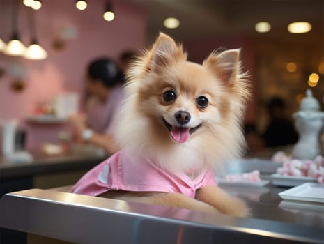 cute dog client in a pet salon. A dog undergoes a haircut procedure from a professional groomer in a grooming salon.Generative AI