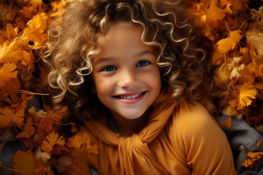 portrait of a cheerful cute girl in a yellow jacket laughs against the background of autumn leaves.autumn background. Generative AI
