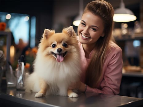cheerful master groomer in a pink uniform with a dog client in the salon. A dog undergoes a haircut procedure from a professional groomer in a grooming salon.Generative AI
