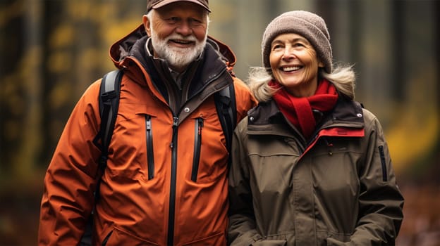 Portrait of an older couple in the park.Old couple walking outside in autumn.Generative AI