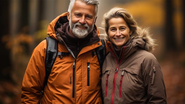 Portrait of an older couple in the park.Old couple walking outside in autumn.Generative AI