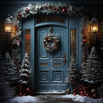 New Year concept background of a blue door in Christmas decoration with garlands and fir trees nearby.Christmas door decoration with beautiful traditional wreath. Generative AI