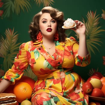 a plump woman in a bright dress with a cake in her hand surrounded by fruit. choice between sweet and healthy. Obesity problem. Generative AI