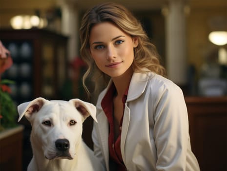 beautiful female veterinarian doctor hugged cute happy golden retriever dog in veterinary clinic. pet health check.Generative AI