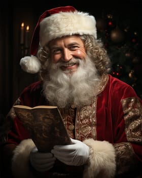 Happy Santa Claus with a book on a Christmas background.Generative AI