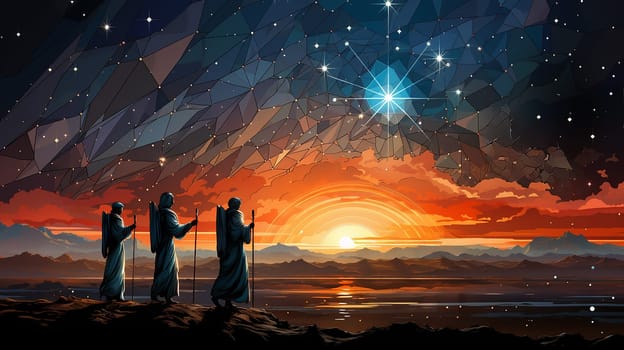 Three Kings and the guiding star against a backdrop of a clear and breathtaking night sky.three Wise Men silhouetted with room for copy. Generative AI