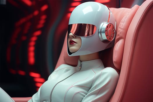 young woman in a futuristic virtual reality helmet with Internet access for long trips. technology development concept