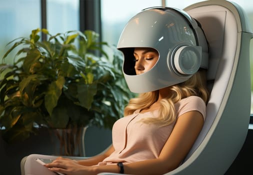 A woman in office clothes and a helmet with a virtual reality headset and neon lighting sits in an interactive chair. Virtual reality engineering concept