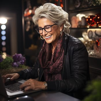 cheerful gray-haired woman looking at laptop.