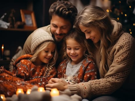 Happy family with two children at home wearing cozy knitted sweaters on Christmas Eve