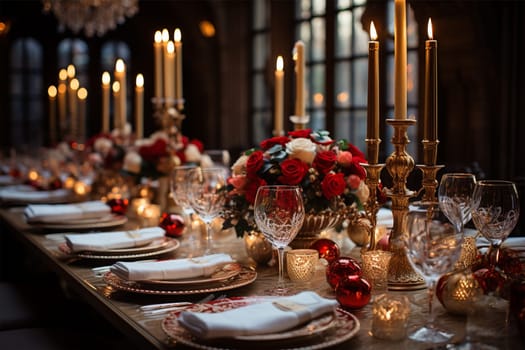 decoration and Christmas table setting in red and gold tones and round balls and candles .Generative AI