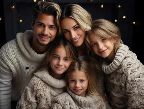 Happy family with three children at home wearing cozy knitted sweaters on Christmas Eve