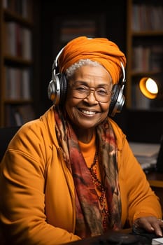 Smiling mature african woman wearing headband and scarf listening to music on headphones.education and entertainment concept.Generative AI