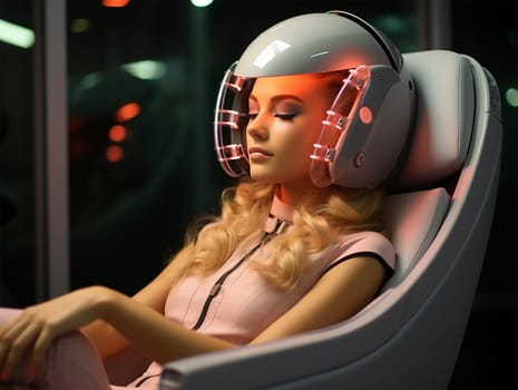 A woman in office clothes and a helmet with a virtual reality headset and neon lighting sits in an interactive chair. Virtual reality engineering concept