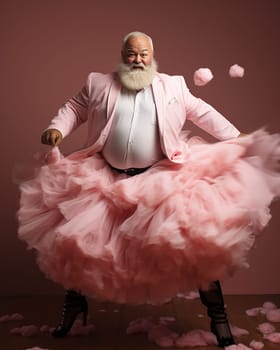 cheerful grey haired bearded fat man in a pink ballerina tutu on a pink background.concept of individuality and difference.Generative AI