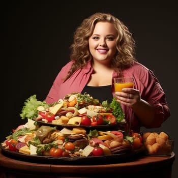 cheerful plump woman in front of a huge dish of food and a glass of orange juice. choice between a large platter of food or juice. Obesity problem.