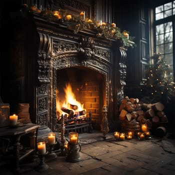 Dark gothic living room interior with a huge fireplace, decorated for Christmas with candles and Christmas decorations